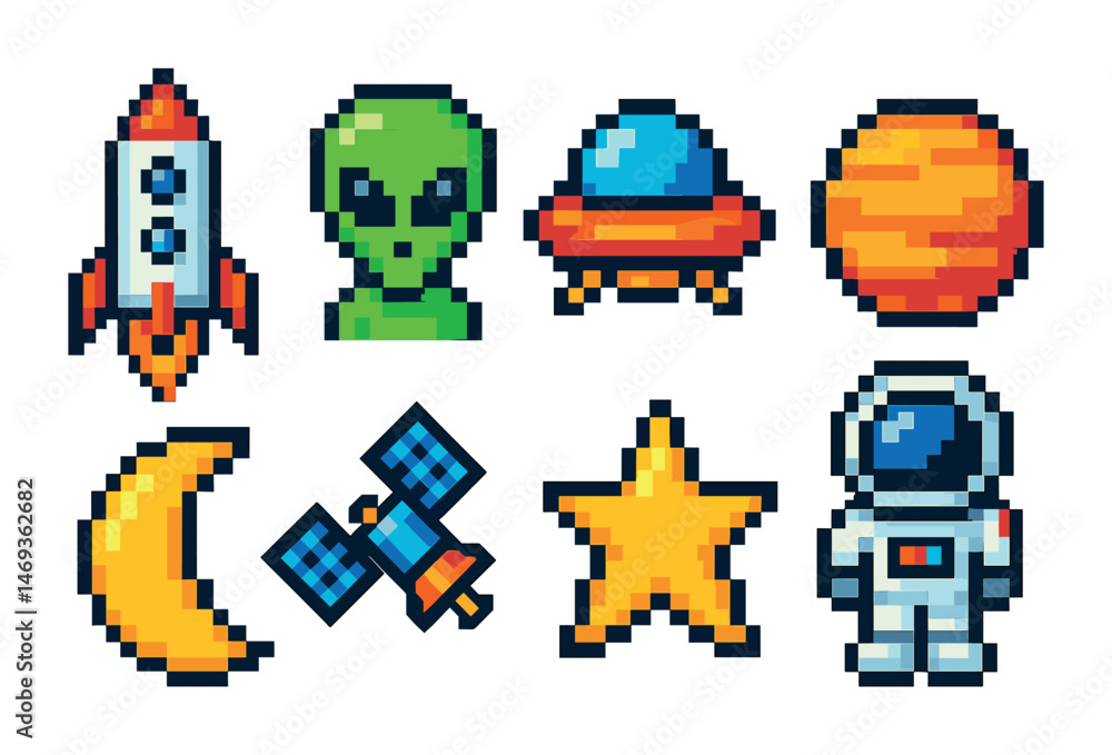 Fototapeta premium Space exploration pixel art icons set – alien, galaxy, cosmic designs