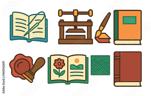 Publishing tools icons set – flat, filled, book editing and writing symbols