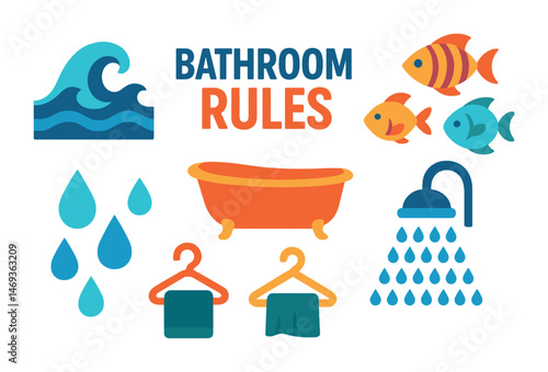 Bathroom rules flat icons set – hygiene, restroom, cleanliness symbols