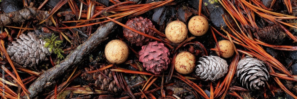 Exploring the Intricate Details of a Forest Floor Covered With Pine Needles, Cones and Various Fungi in a Tranquil Natural Setting Generative AI