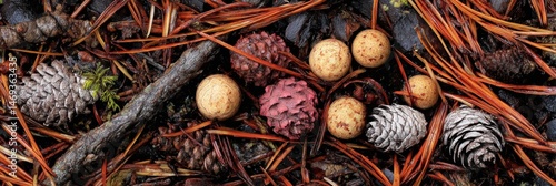 Exploring the Intricate Details of a Forest Floor Covered With Pine Needles, Cones and Various Fungi in a Tranquil Natural Setting Generative AI