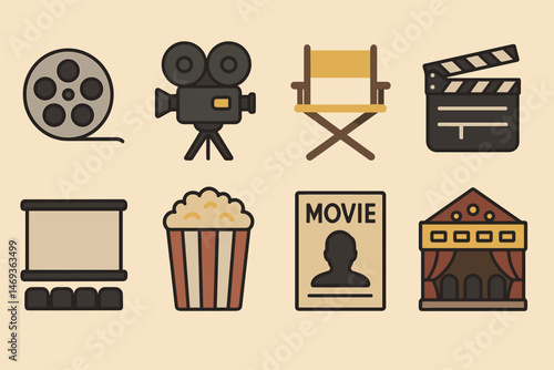 Movie and entertainment flat icons set – cinema, theater, digital media symbols