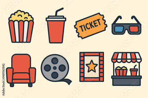 Cinema and movie flat icons set – film, tickets, entertainment and media symbols