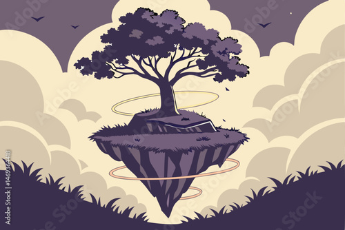 96 floating island, mystical tree, glowing rings, clouds, surreal landscape, dream-like atmosphere, fantasy environment, ethereal lighting, volumetric fog, detailed foliage, dramatic skies, cinematic 