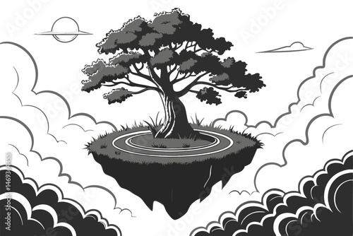 96 floating island, mystical tree, glowing rings, clouds, surreal landscape, dream-like atmosphere, fantasy environment, ethereal lighting, volumetric fog, detailed foliage, dramatic skies, cinematic 