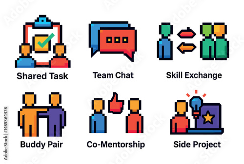 Team collaboration pixel art icons set – communication, skills exchange symbols