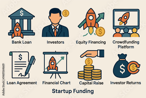 Startup funding icons set – filled, financial growth, investment strategy symbols