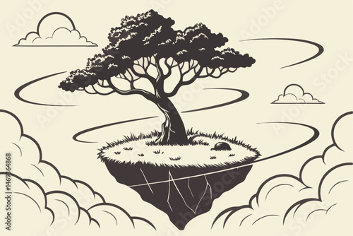 96 floating island, mystical tree, glowing rings, clouds, surreal landscape, dream-like atmosphere, fantasy environment, ethereal lighting, volumetric fog, detailed foliage, dramatic skies, cinematic 