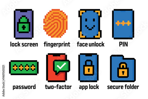 Security and privacy pixel art icons set – fingerprint, lock, protection symbols