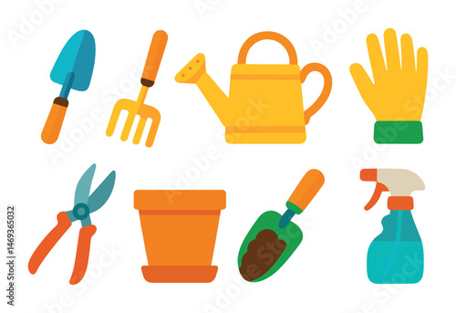 Gardening tools flat icons set – colorful, filled, planting and horticulture symbols