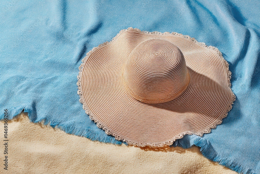 Floppy Sunhat Resting on a Beach Towel With Sand Outlining the Edges During a Sunny Day at the Seaside Generative AI