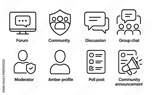 Online community outline icons set – discussion, forum, chat symbols for moderators
