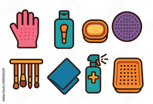 Cleaning tools flat icons set – tidy, hygiene, household symbols