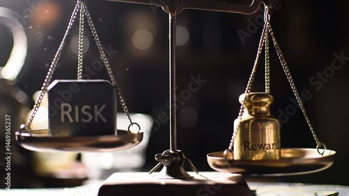 A close-up view of a scale balancing a block labeled risk against a golden weight labeled reward. This reflects the importance of weighing choices carefully in difficult situations.