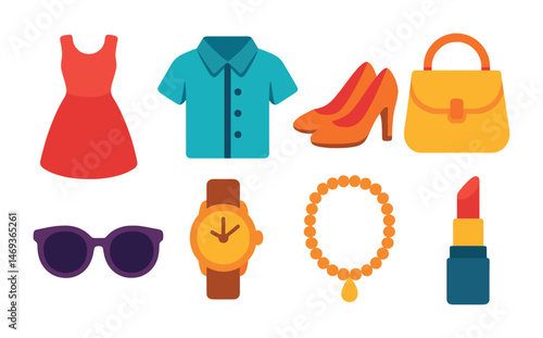 Fashion and accessories flat icons set – vibrant styles and apparel symbols