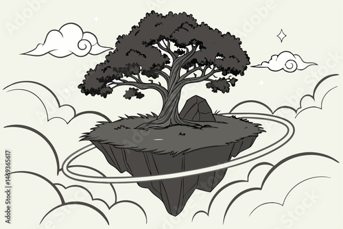 96 floating island, mystical tree, glowing rings, clouds, surreal landscape, dream-like atmosphere, fantasy environment, ethereal lighting, volumetric fog, detailed foliage, dramatic skies, cinematic 