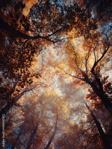 Colors of Autumn Light Filtering Through Tall Trees in a Vibrant Forest Canopy During a Warm Day Generative AI