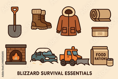 Winter survival flat icons set – essential, emergency, cold weather supplies