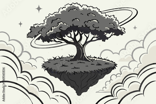 96 floating island, mystical tree, glowing rings, clouds, surreal landscape, dream-like atmosphere, fantasy environment, ethereal lighting, volumetric fog, detailed foliage, dramatic skies, cinematic 