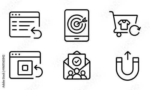 E-commerce seo outline icons set – shopping, digital marketing, online sales symbols