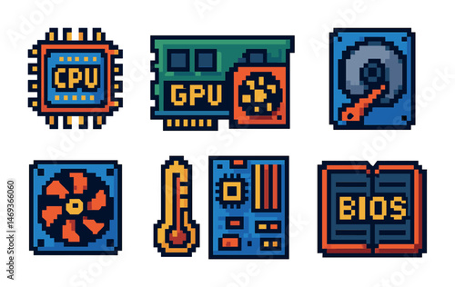 Computer hardware pixel art icons set – retro, tech, electronic components graphics