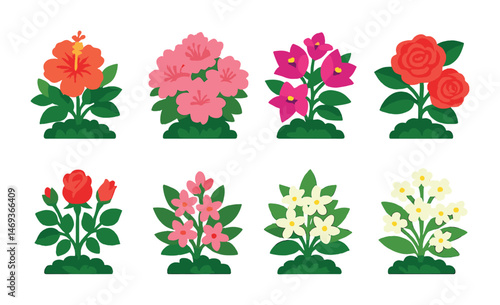Garden flowers icons set – flat, outline, botanical and plant symbols
