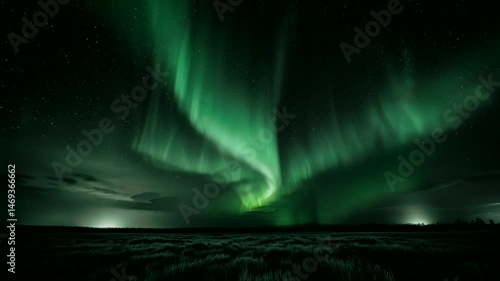 Swirling curtains of ethereal light, predominantly green with subtle violet edges, gracefully move above a vast, white, winter landscape. 4K