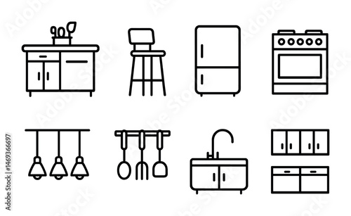 Kitchen outline icons set – culinary, cooking, utensil and appliance symbols