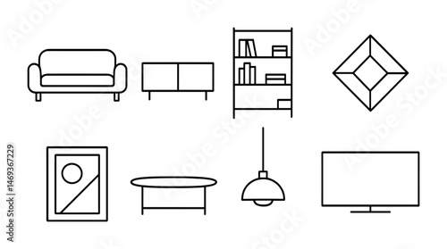 Minimalist home decor elements: furniture, shelving, modern lighting, and wall art