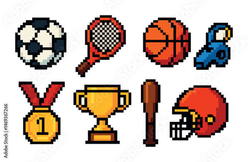 Sports and games pixel art icons set – basketball, trophy, football and more