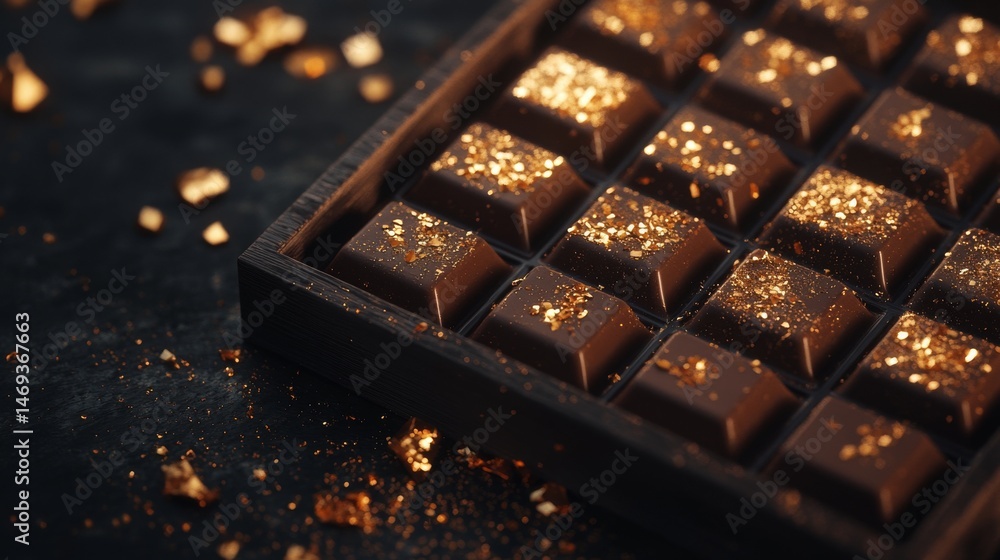 A vibrant box of creamy chocolates showcased on a dark textured plate with scattered edible gold flakes, captured in ultra HD detail. 32k, full ultra hd, high resolution A vibrant box of creamy chocolates showcased on a dark textured plate with scattered edible gold flakes, captured in ultra HD detail. 32k, full ultra hd, high resolution
