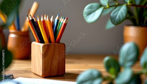 close up of a wooden pencil holder with colored pencils, framed by eucalyptus, warm wood desk for a cozy youtube thumbnail.