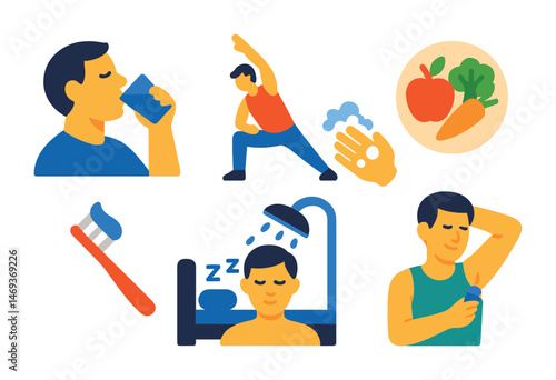 Healthy lifestyle flat icons set – fitness, wellness, daily habits symbols