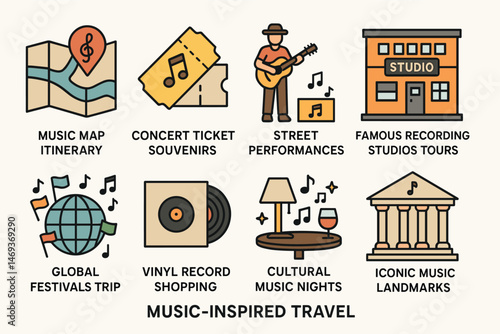 Music-inspired travel icons set – flat, filled, vacation and cultural symbols