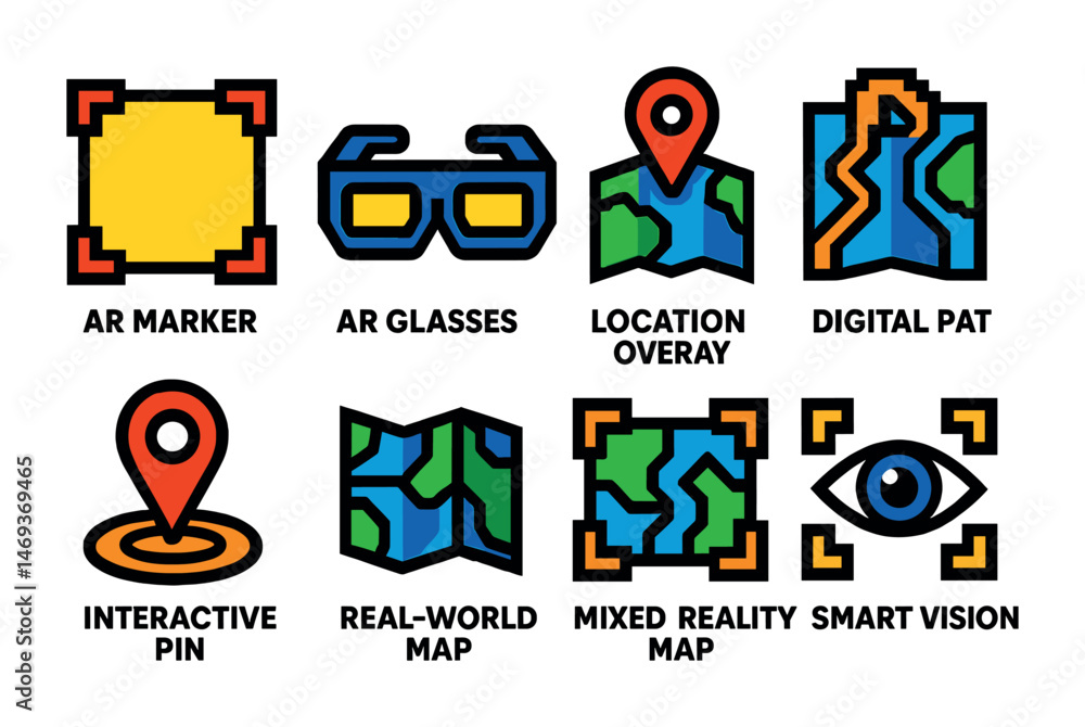 Fototapeta premium Augmented reality flat icons set – location, interactive, digital symbols for mapping