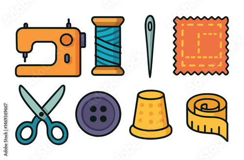 Sewing essentials flat icons set – crafting, tailoring, needlework tools