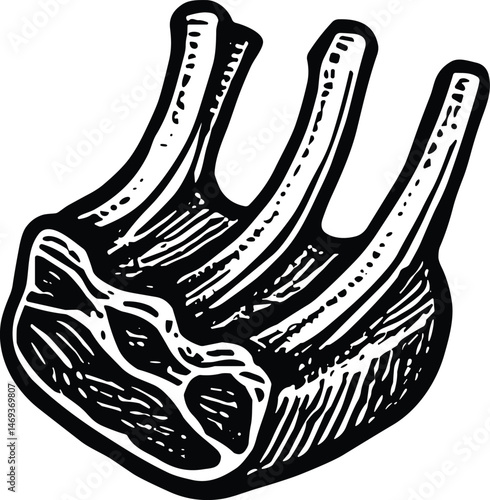 Hand-drawn engraving of a rack of ribs with exposed bones, ideal for butcher diagrams, culinary illustrations, and traditional meat cut visuals in vintage or rustic styles