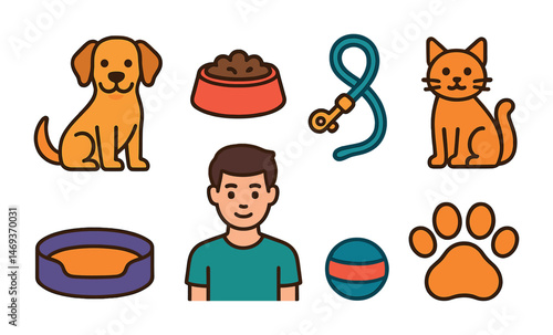 Pet care and adoption icons set – flat, outline, animal and rescue symbols