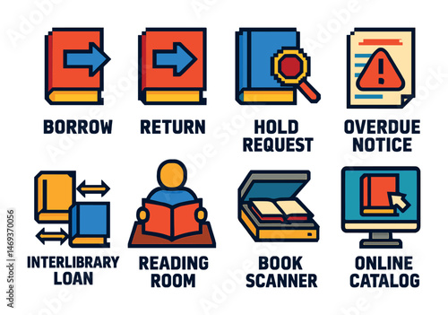 Library and reading icons set – solid, filled, borrowing and literature symbols