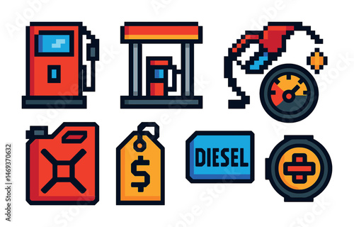 Gas station pixel art icons set – fuel, energy, transportation vector symbols