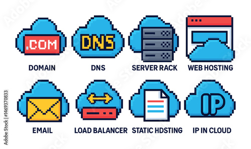 Web hosting pixel art icons set – domain, dns, server symbols for tech design