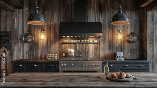 Wallpaper Mural Industrial wall lamp with exposed filament bulb glowing above a rugged farmhouse table in a kitchen with weathered wood paneling Torontodigital.ca