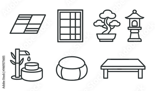 Japanese zen outline icons set – linear, minimalist, meditation and decor symbols