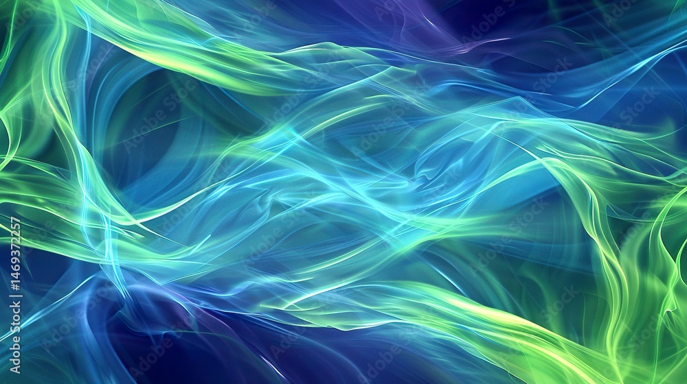 Fototapeta premium Abstract background with luminous blue and green lines creating waves of light, while soft, glowing particles of data float seamlessly through. 