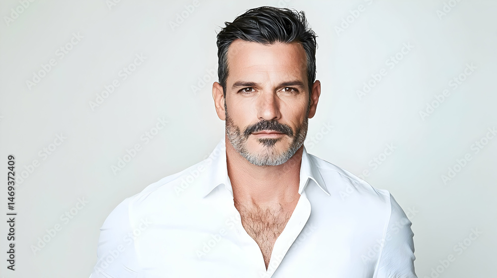 Obraz premium Portrait Of Mature Man In White Shirt Against Light Gray Background