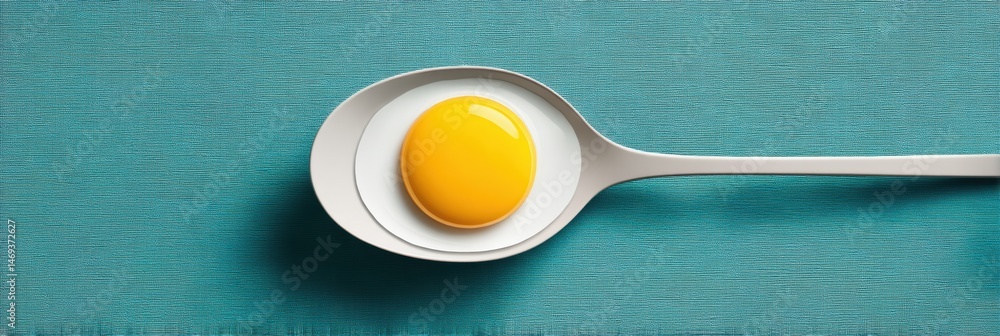 Vivid Flat Art of a Bright Yellow Egg Yolk Resting on a Sleek White Spoon Atop a Textured Blue Background Generative AI
