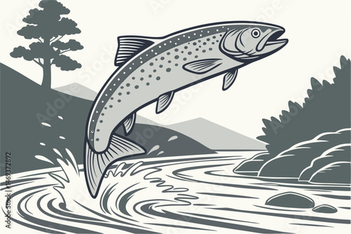98 trout fish jumping out of water, realistic, highly detailed, digital art, 4k, hyperrealistic
