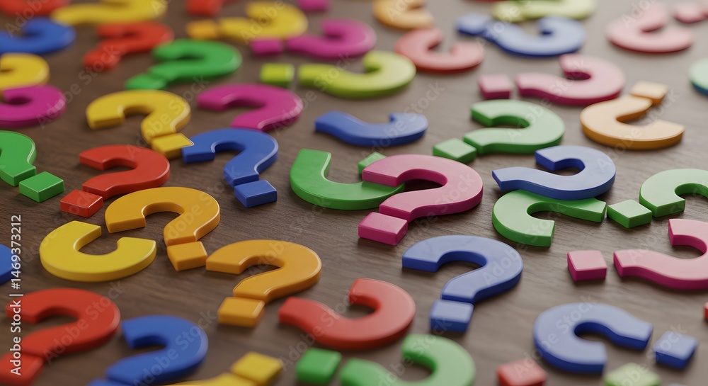 Colorful Question Marks on Wooden Surface Colorful Question Marks on Wooden Surface