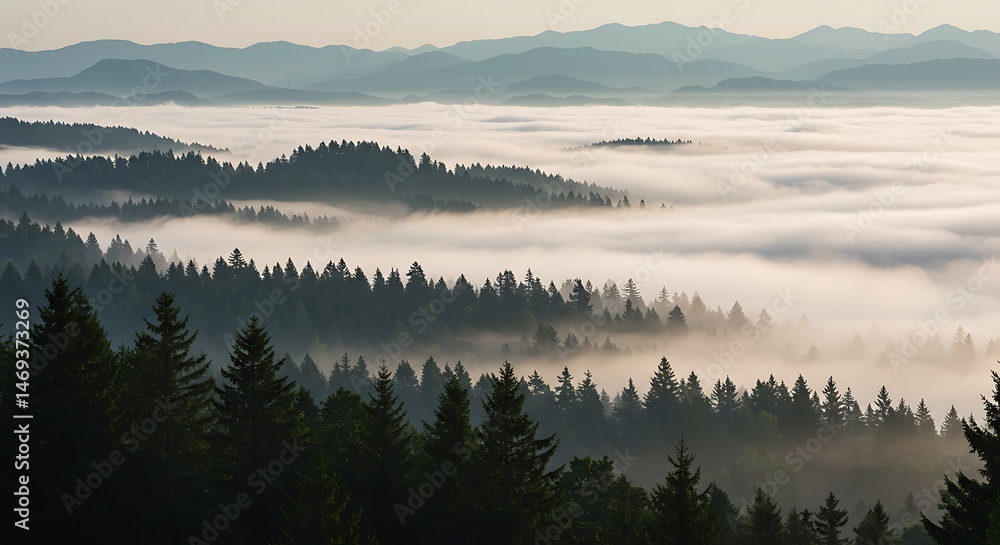 Obraz premium Foggy Forest Scene: Evergreen Trees Emerging from Low-Lying Mist