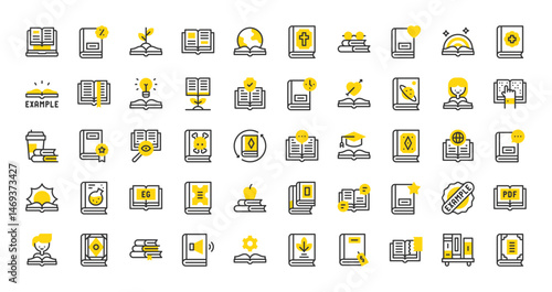 Set of Books and reading vector stroke icons. such as Example, PDF, Education, Audio Book, Book, Apple, Idea, Manual Book, Price, Ripped, Book Shelf, Ebook, Sale, Growth, Bible, Glasses illustration.